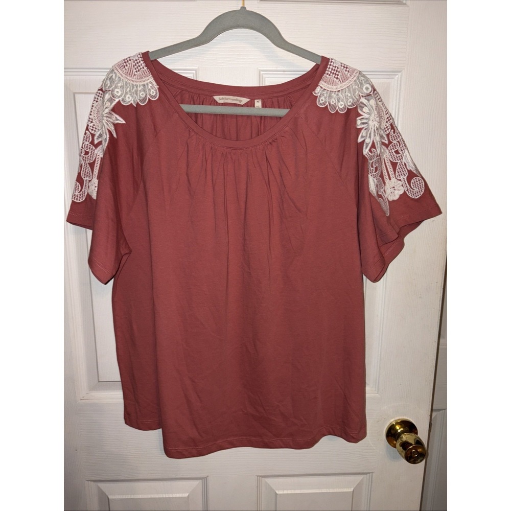 Soft Surroundings LP L Petite Salmon Knit Top W/Cream Crochet Lace Puff Sleeve